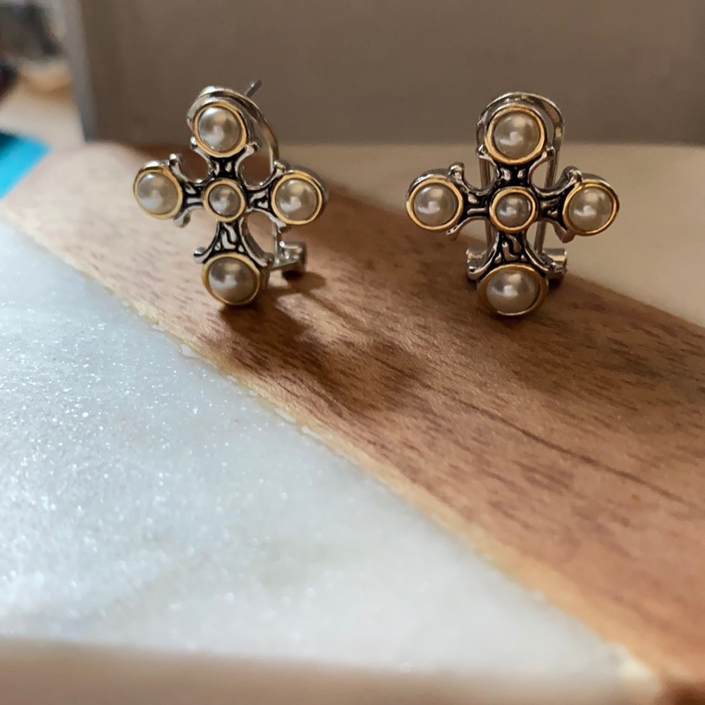 Pearl cross earrings silver and gold plated